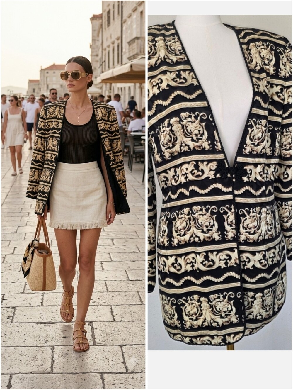 Vintage 100% Silk Baroque Print Blazer Frog Closure Black Gold Size M